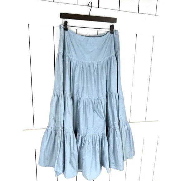 Light blue cotton ruffle jean denim maxi skirt - Picture 3 of 4